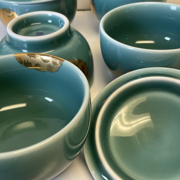 Hakusan Toki Hasami Ware Blue Celadon Service For 5 Tea Set With Gold Accents - Picture 13 of 15